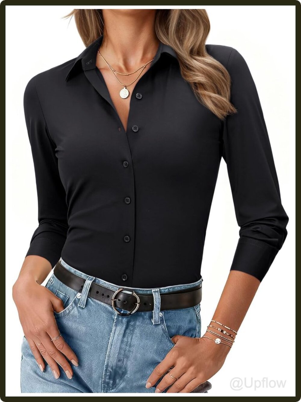 Women's Fitted Stretch Long Sleeve Button Down Work Blouse Slim Fit Office